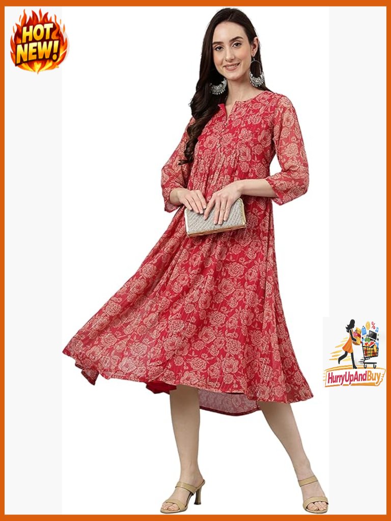 Chiffon Floral Print Casual Summer Dress Flared 3/4 Sleeve Elegant Chic